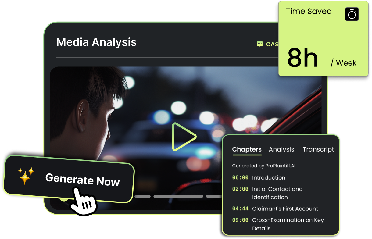 ProPlaintiff media analysis interface showing automated video deposition processing with timestamped chapter extraction, AI-generated summaries, and integrated case documentation - saving personal injury paralegals 8 hours per week on video review and transcript analysis