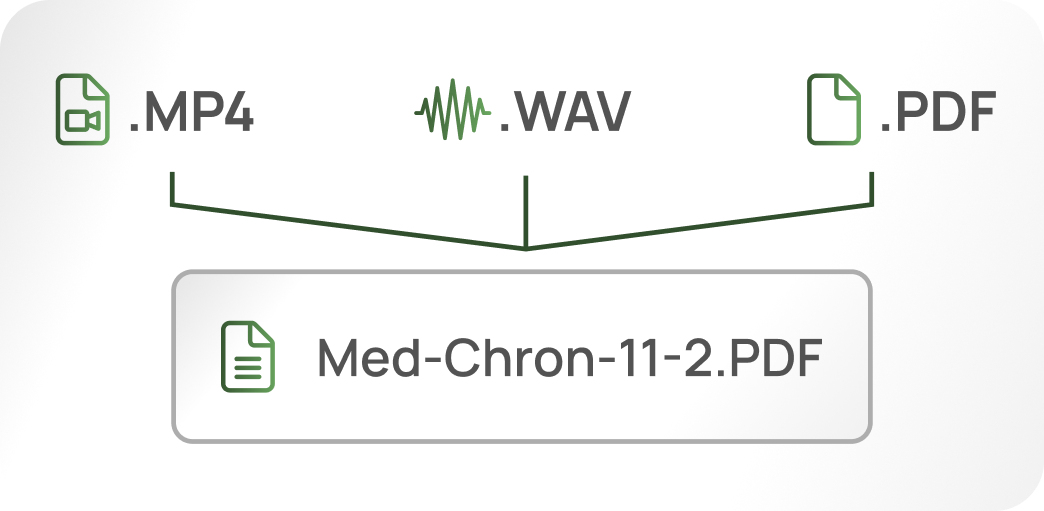 ProPlaintiff medical chronology generator diagram showing automated conversion of multiple file formats (MP4, WAV, PDF) into single unified medical chronology document - Med-Chron-11-2.PDF