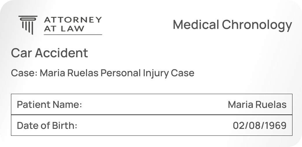 ProPlaintiff AI-generated medical chronology document example for personal injury case - Maria Ruelas auto accident showing patient demographics, automated timeline extraction, and attorney case management integration