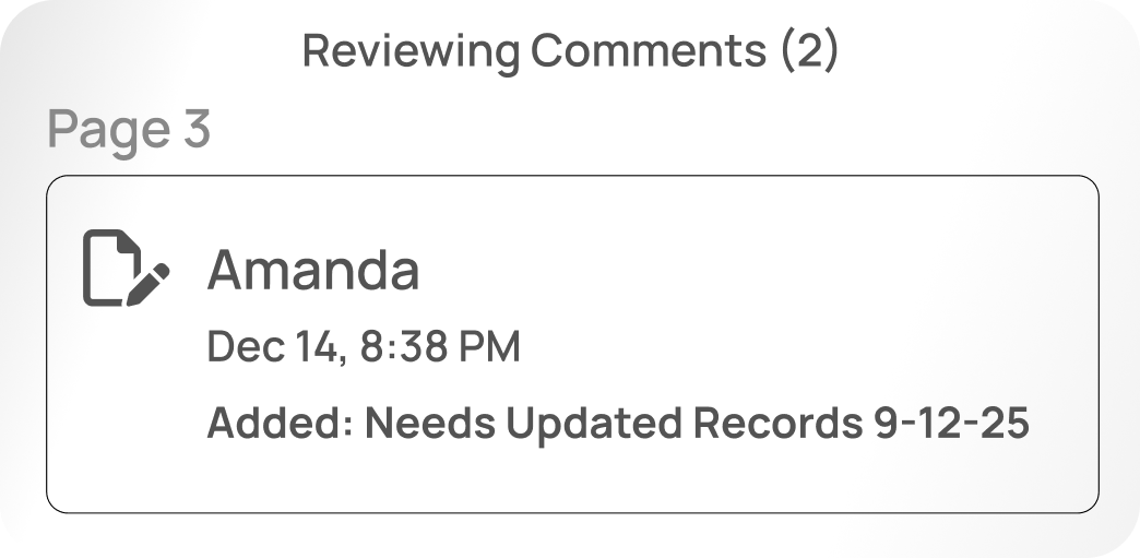 ProPlaintiff collaborative case management comment showing team member task tracking and case status updates - internal communication for personal injury case workflow management