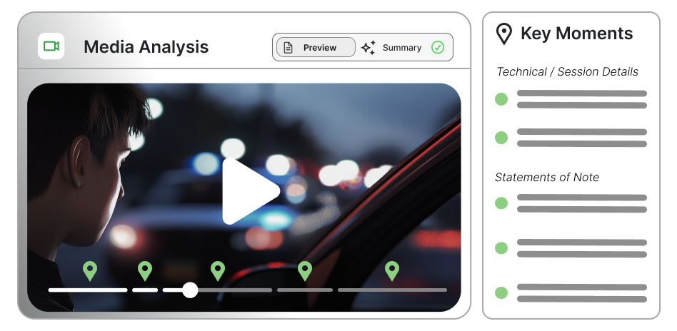 ProPlaintiff video analysis interface with intelligent moment detection showing deposition key statements, timestamped evidence markers, and session metadata extraction for personal injury case analysis and trial strategy preparation