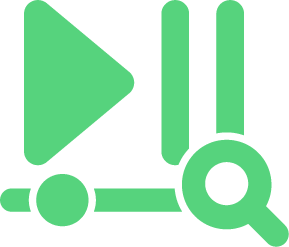 Green icon combining a play button, pause bars, and magnifying glass symbol.