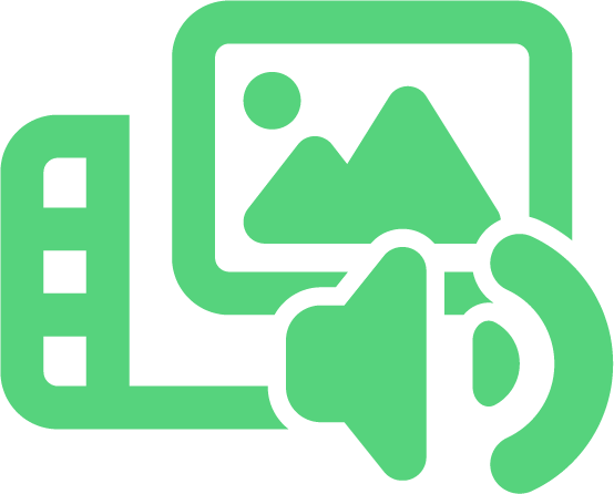 Icon depicting multimedia with an image, audio speaker, and video filmstrip.