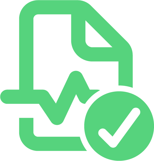 Green icon of a medical report with a heartbeat line and a checkmark symbol.