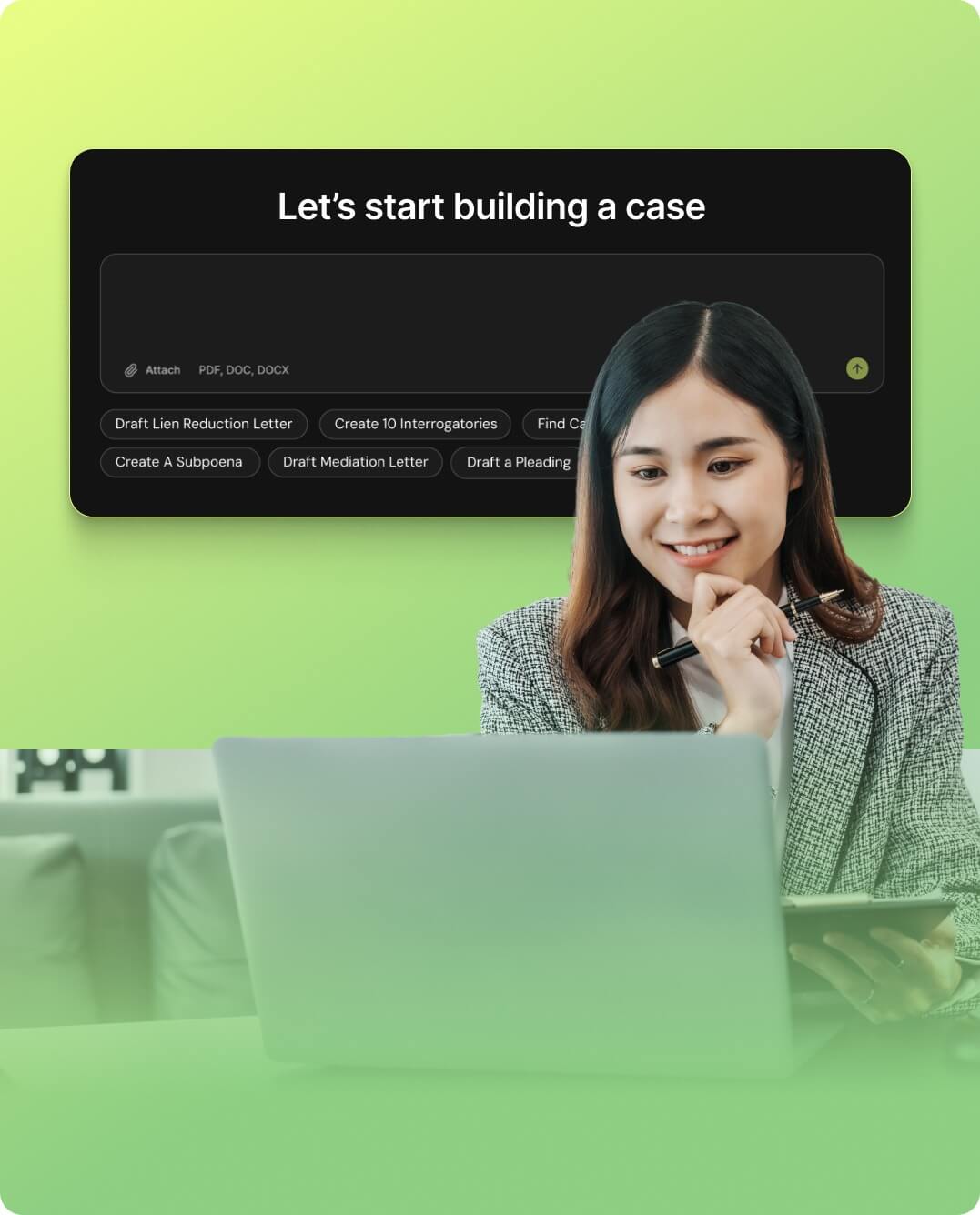 Legal professional using ProPlaintiff AI paralegal software for personal injury case management and document automation.