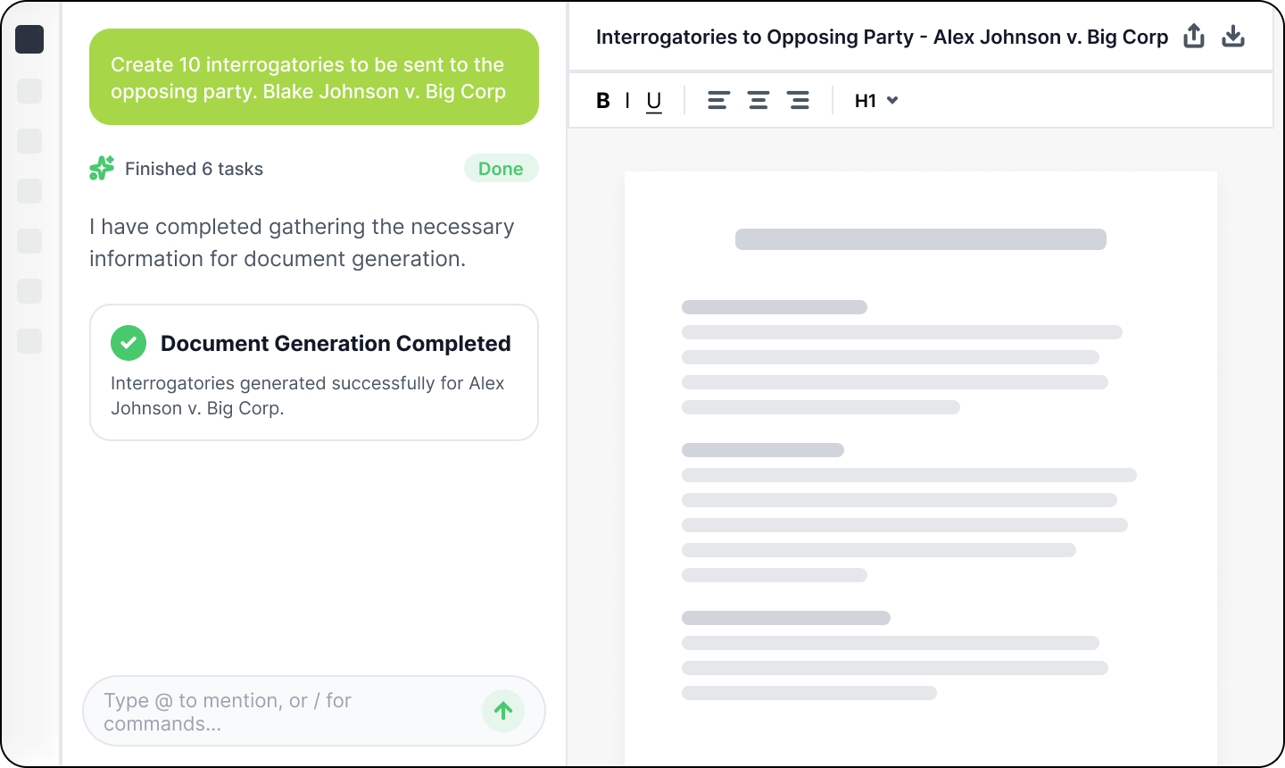 Screenshot of a demand letter creation interface with AI agent progress at 8% generating a demand letter, showing document text and a '15h/week time saved' label.
