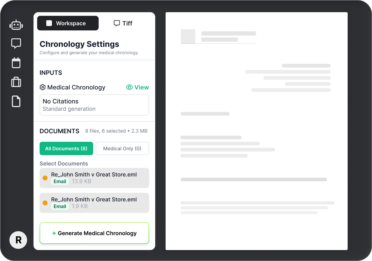 Screen showing a medical chronology document being generated by an AI agent with progress at 8%, highlighting patient case details and a time saved notification of 12 hours per week.