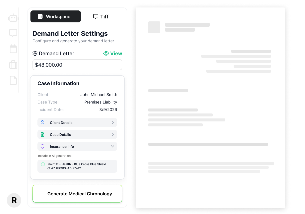 Screenshot of a demand letter creation interface with AI agent progress at 8% generating a demand letter, showing document text and a '15h/week time saved' label.