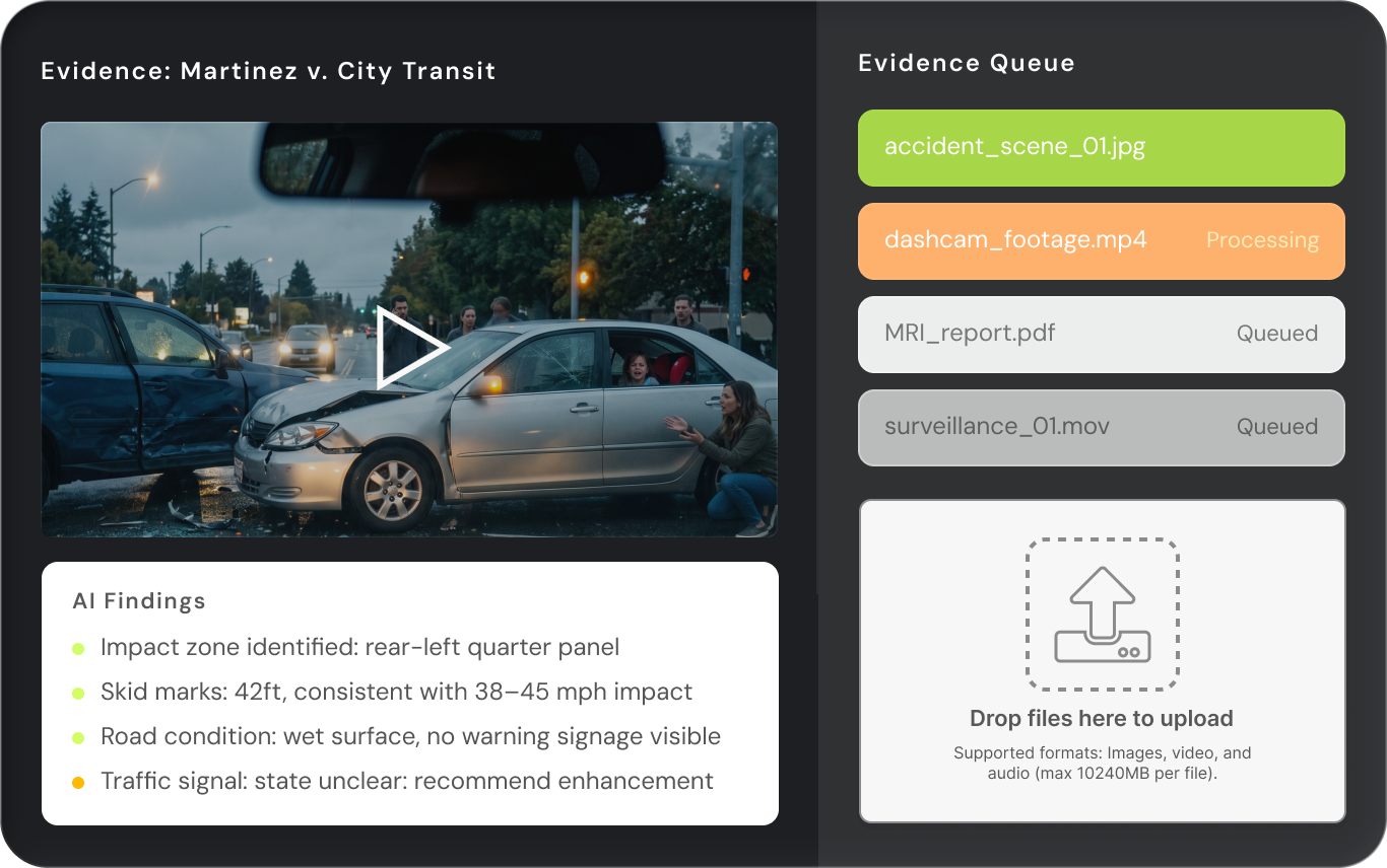 ProPlaintiff media analysis interface showing automated video deposition processing with timestamped chapter extraction, AI-generated summaries, and integrated case documentation - saving personal injury paralegals 8 hours per week on video review and transcript analysis