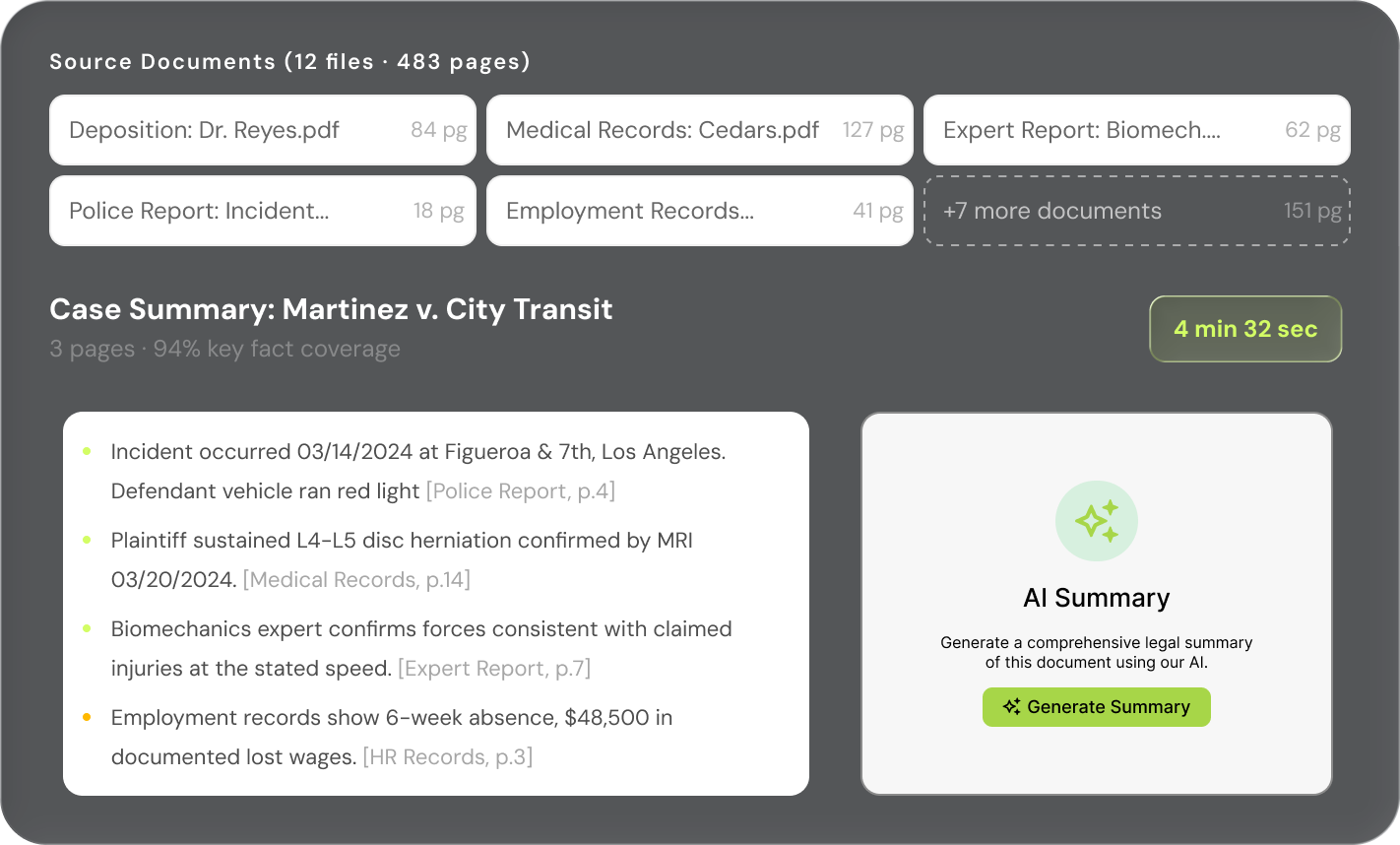 User interface showing a Medical Document Summary editor with uploaded PDF files, a section to add multiple documents, and a stats box indicating 15k documents generated per year.
