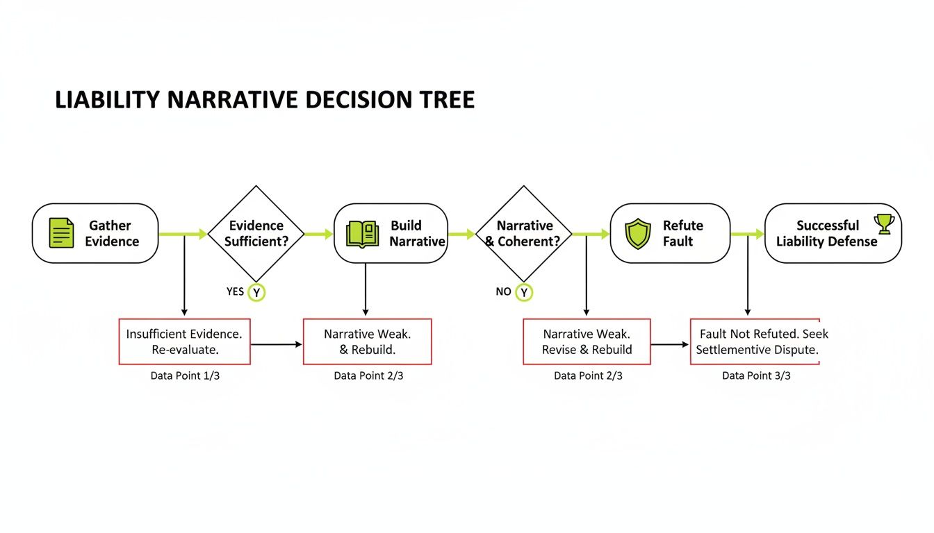 A decision tree flowchart for liability narrative defense, outlining steps from gathering evidence to a successful outcome.