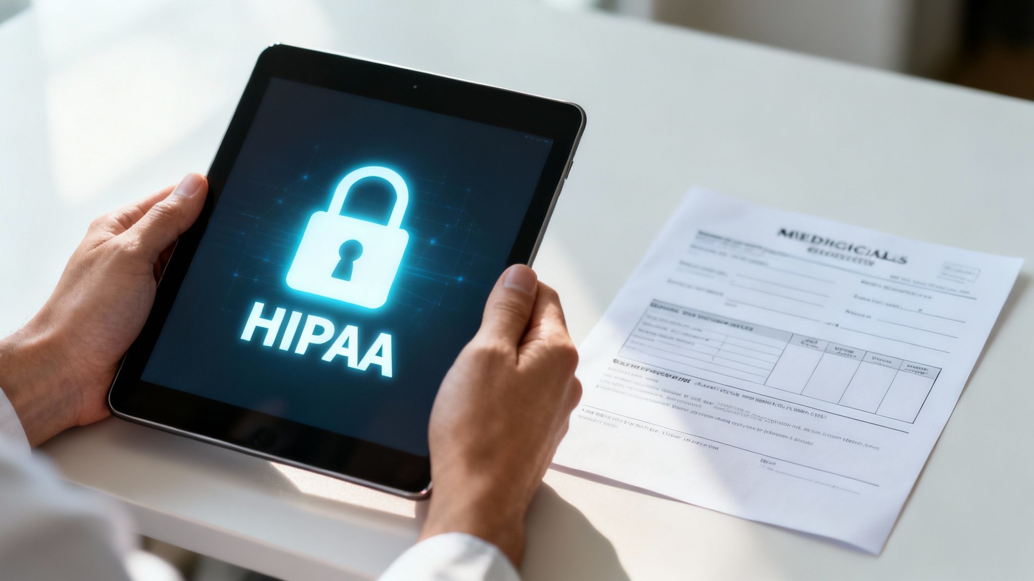 A person holds a tablet displaying a glowing lock icon and 'HIPAA', symbolizing healthcare data security and privacy alongside a medical document.