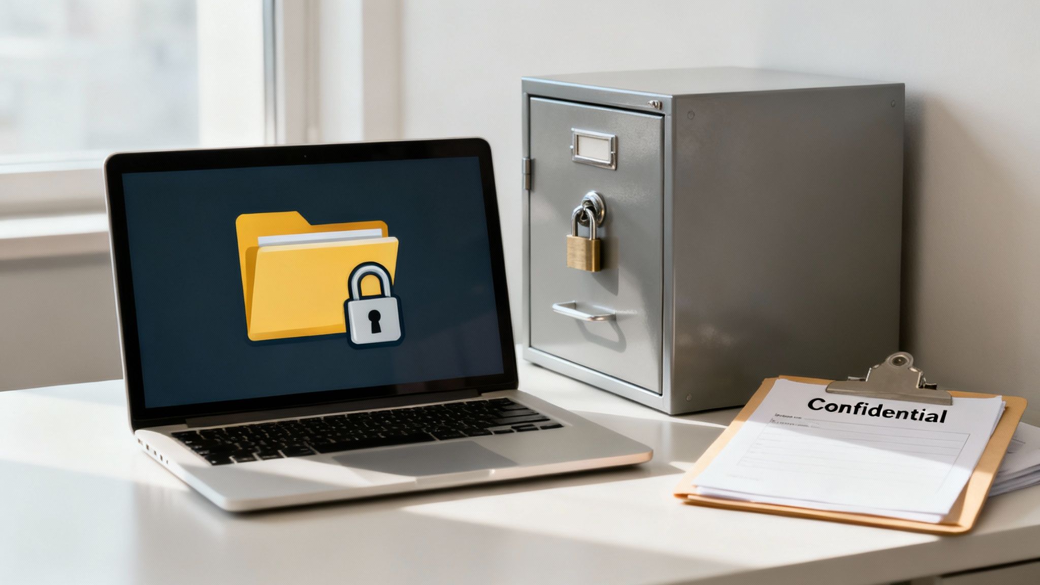 A laptop displaying a locked folder, a secured filing cabinet, and a 'Confidential' document, symbolizing data security.