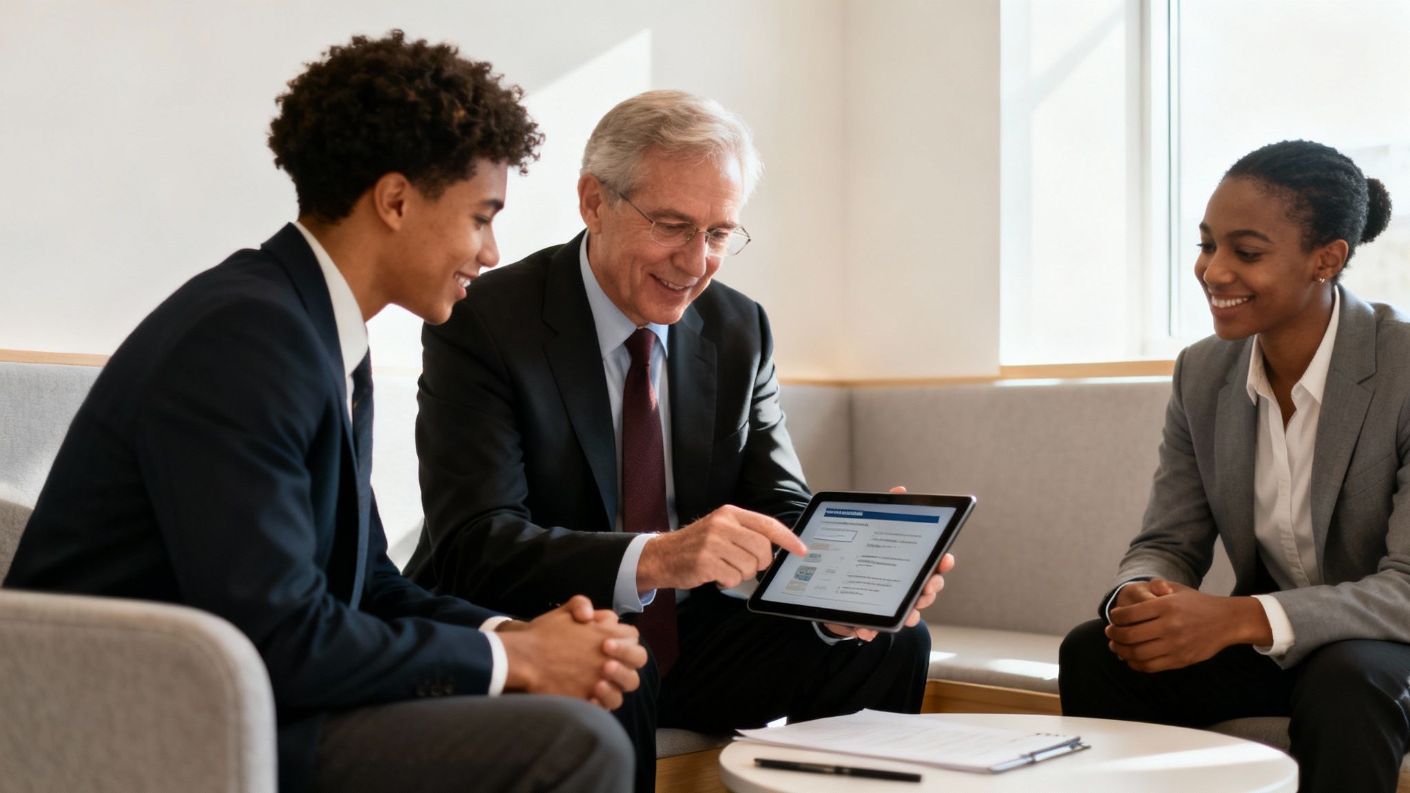 A diverse team of legal professionals collaborates around a table with laptops, indicating a successful technology adoption process.