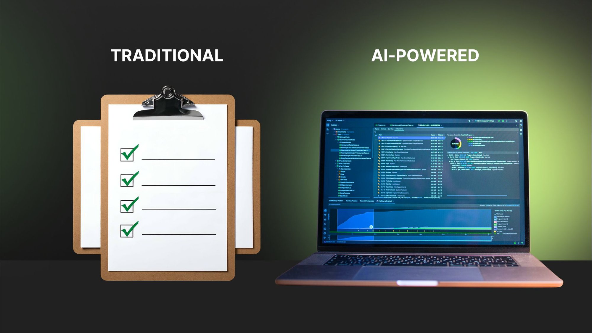 A traditional checklist on a clipboard contrasts with an AI-powered laptop displaying complex software.