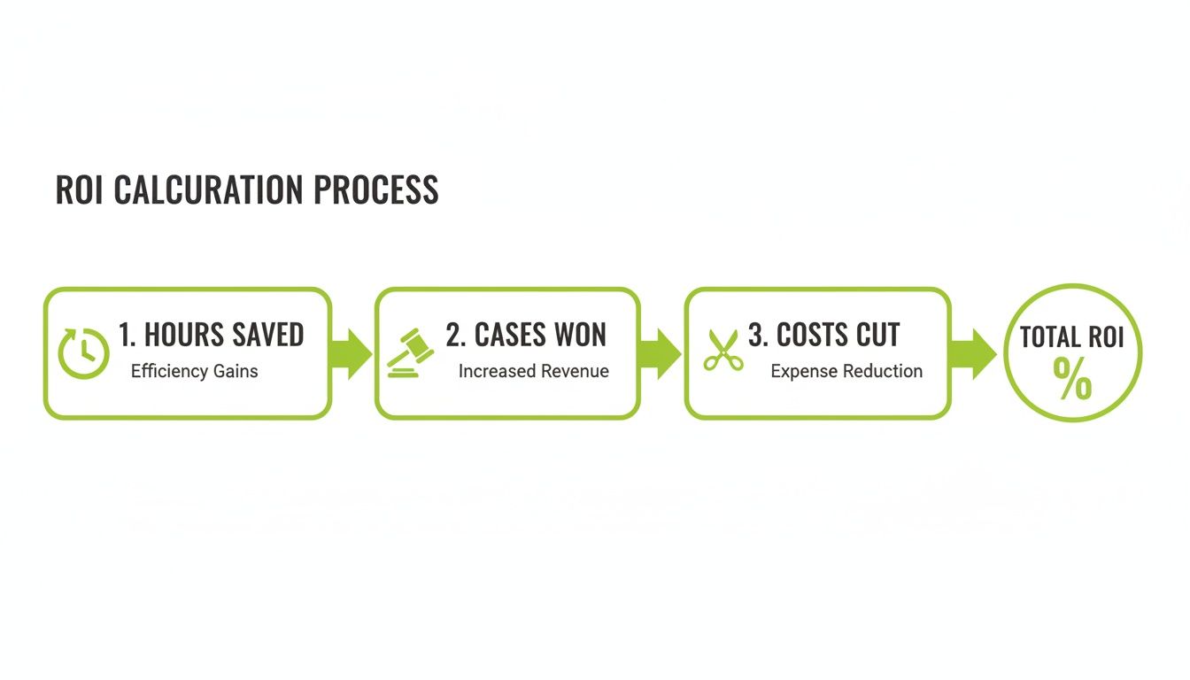 ROI calculation process diagram illustrating efficiency gains, increased revenue, and expense reduction steps.
