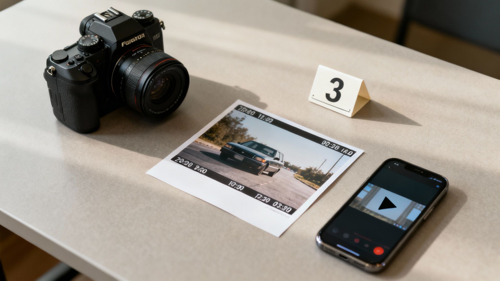 Forensic evidence setup with camera, printed car photo, number 3 marker, and smartphone on a table.