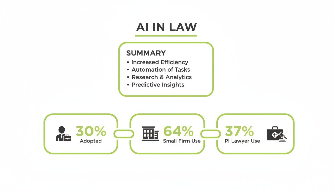 Infographic detailing AI in law benefits, including increased efficiency, automation, and adoption rates.
