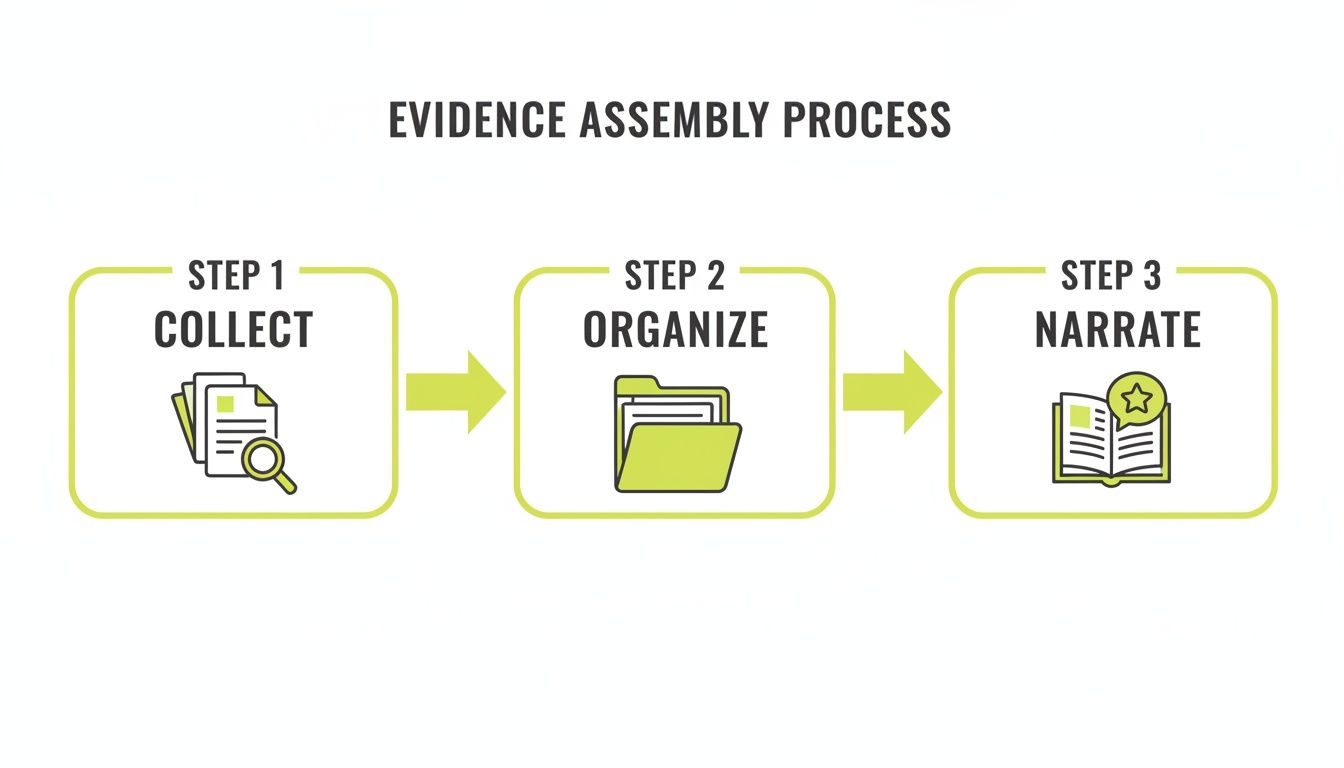 A three-step diagram illustrating the evidence assembly process: Collect, Organize, and Narrate.