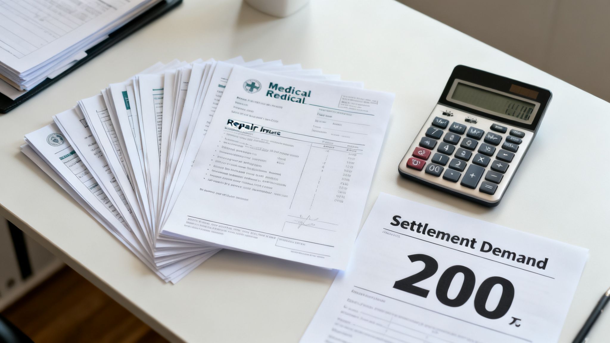 A desk with medical or insurance papers, a calculator, and a settlement demand letter.