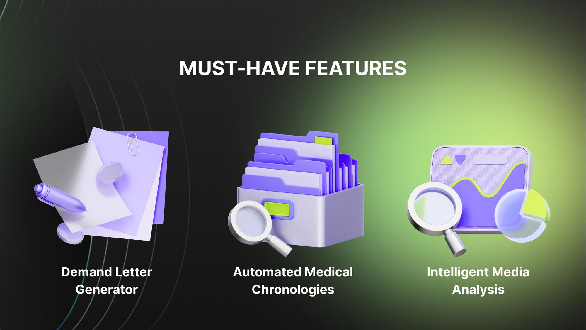 Three illustrations depict 'Must-Have Features': Demand Letter Generator, Automated Medical Chronologies, and Intelligent Media Analysis.