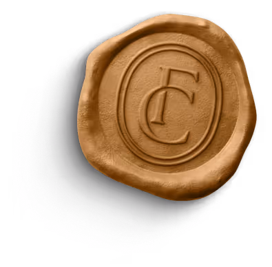 Brown wax seal with embossed overlapping letters 'F' and 'C' inside a double circle.