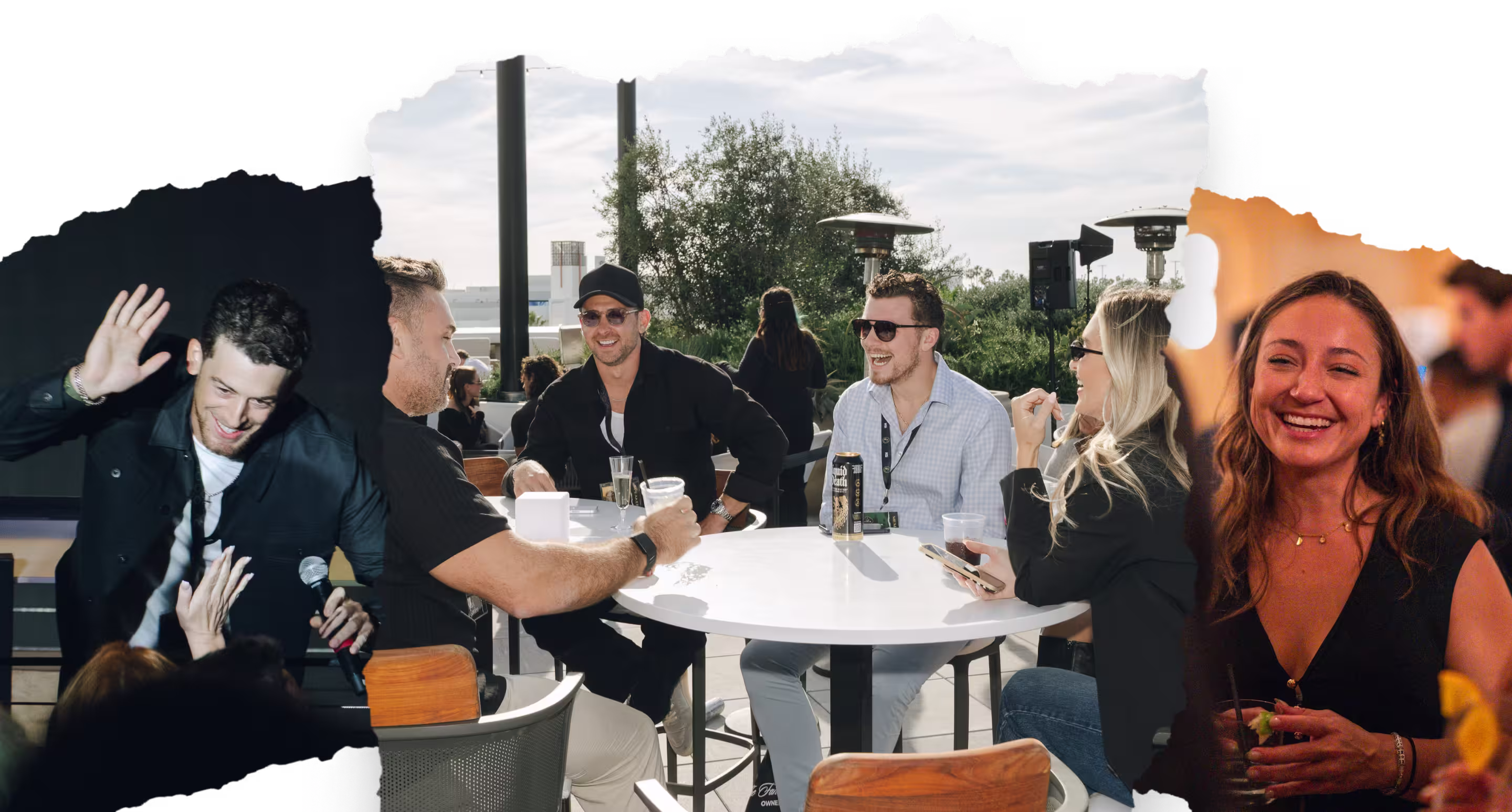 Large group of diverse young adults smiling and posing outdoors at night under string lights and awnings.
