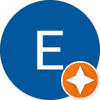 Blue circle with a white letter E and an orange star-shaped badge in the lower right corner.