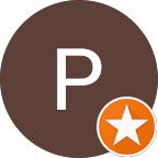 White letter P on a brown circle with an orange star badge at the lower right corner.