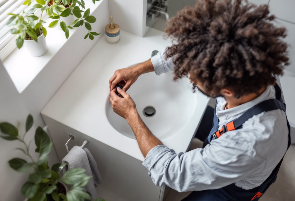 image of plumber working under a sink