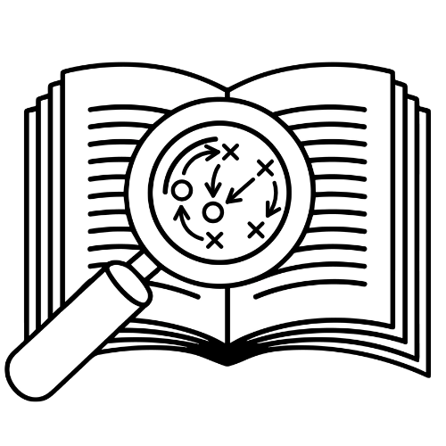 Magnifying glass over an open book showing a strategy play with arrows and Xs.