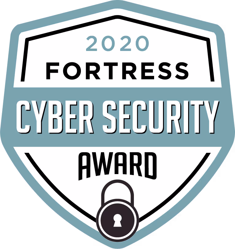 2020 Fortress Cyber Security Award badge featuring a lock icon at the bottom.