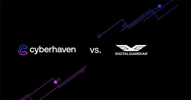 Comparison graphic showing Cyberhaven logo on the left and Digital Guardian logo on the right with 'vs.' in the center on a black background.