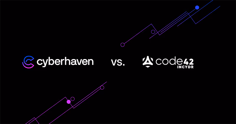 Comparison graphic with Cyberhaven logo and text on the left, 'vs.' in the center, and Code42 Incydr logo and text on the right, against a black background with abstract purple and blue circuitry lines.