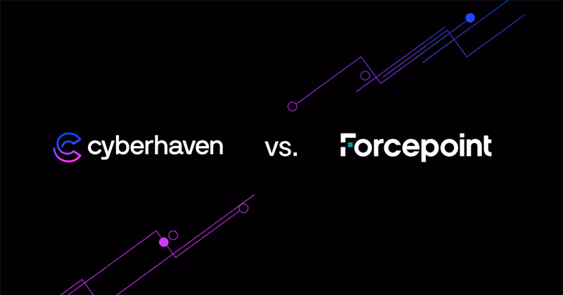 Cyberhaven logo on the left, Forcepoint logo on the right, with 'vs.' in between on a black background with purple and blue geometric lines.