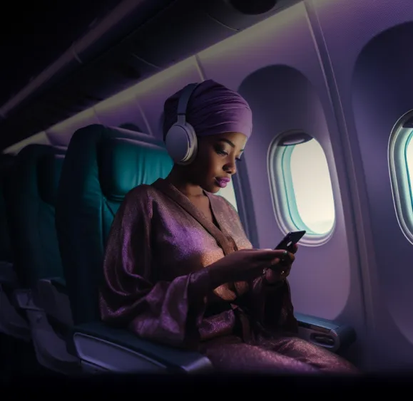 Woman wearing headphones and a headwrap, sitting in an airplane seat by the window, using her smartphone.