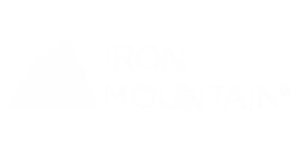 Iron Mountain logo featuring a stylized white mountain graphic and the text 'IRON MOUNTAIN' in white.