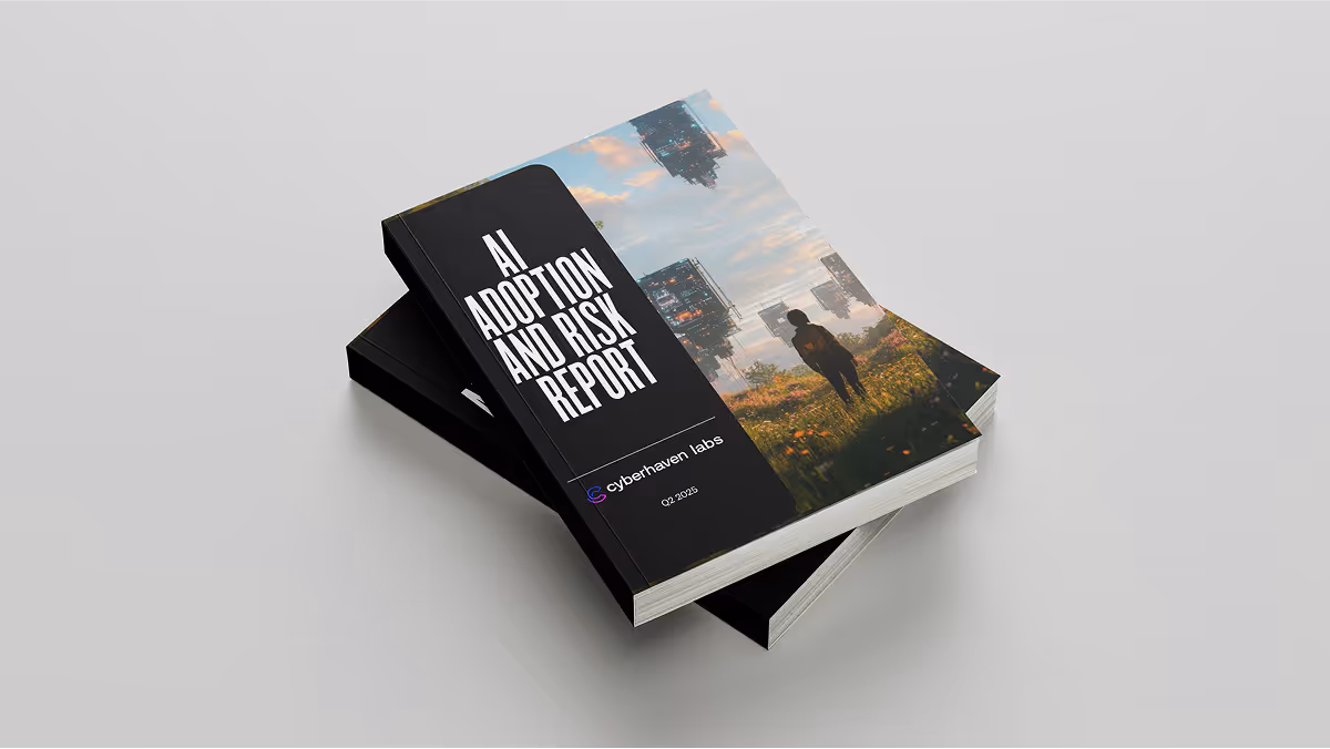 Two stacked copies of a report titled 'AI Adoption and Risk Report' by Cyberhaven Labs dated Q2 2023, with a cover image of a person standing in a field facing futuristic floating buildings.
