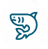 Blue line icon of a shark in a circle with a playful expression.