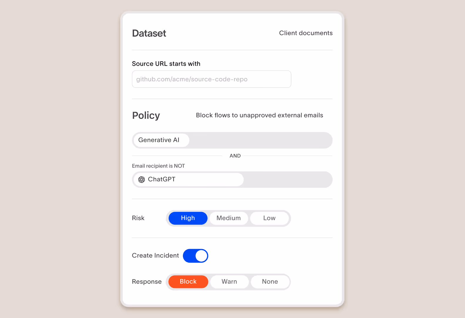 User interface panel for client documents dataset with settings to block flows to unapproved external emails based on policy including generative AI, excluding ChatGPT, with high risk selected, incident creation enabled, and response set to block.