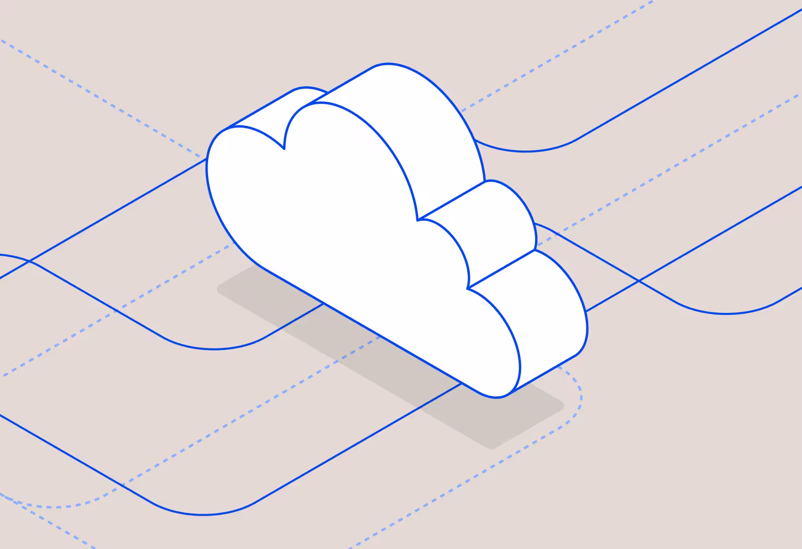 White cloud icon outlined in blue with blue lines extending and connecting around it on a beige background.