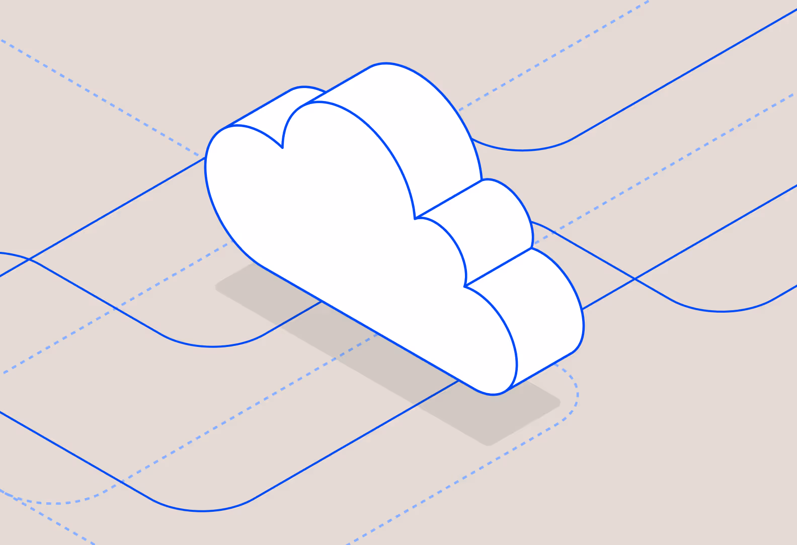 3D white cloud icon connected by blue lines on a beige background representing cloud computing or network.