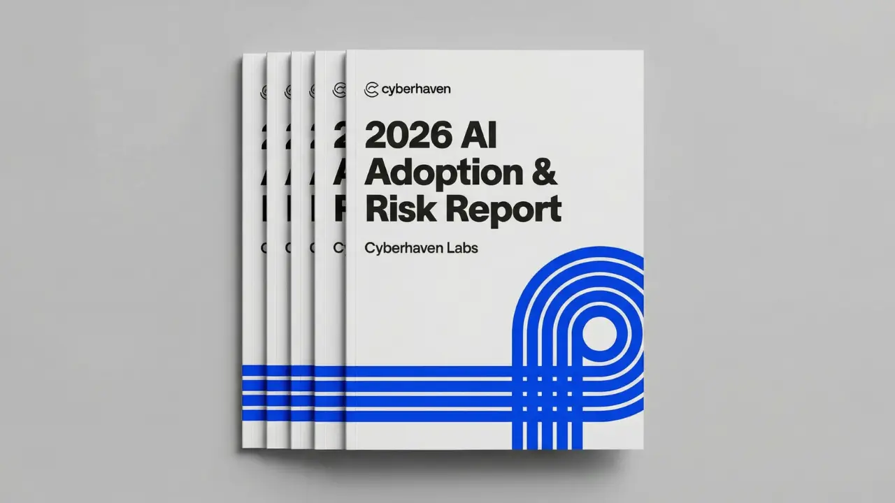 Stack of reports titled '2026 AI Adoption & Risk Report' by Cyberhaven Labs with a blue abstract design on the cover.