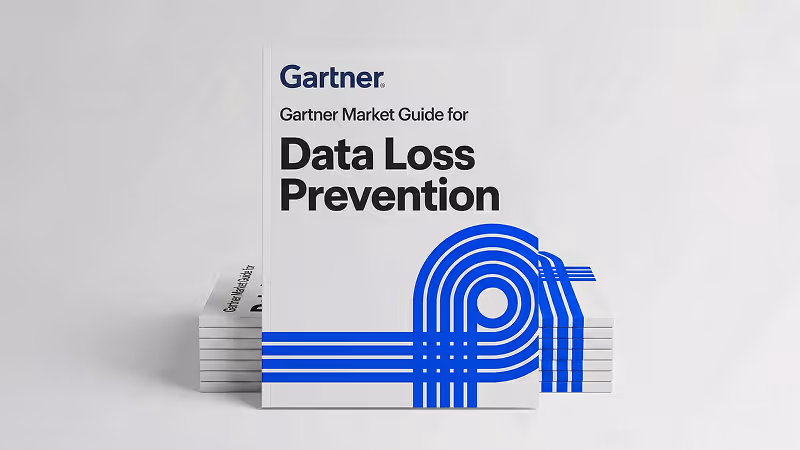 Stack of white books titled 'Gartner's Market Guide for Data Loss Prevention' with a blue abstract line design and Cyberhaven logo.