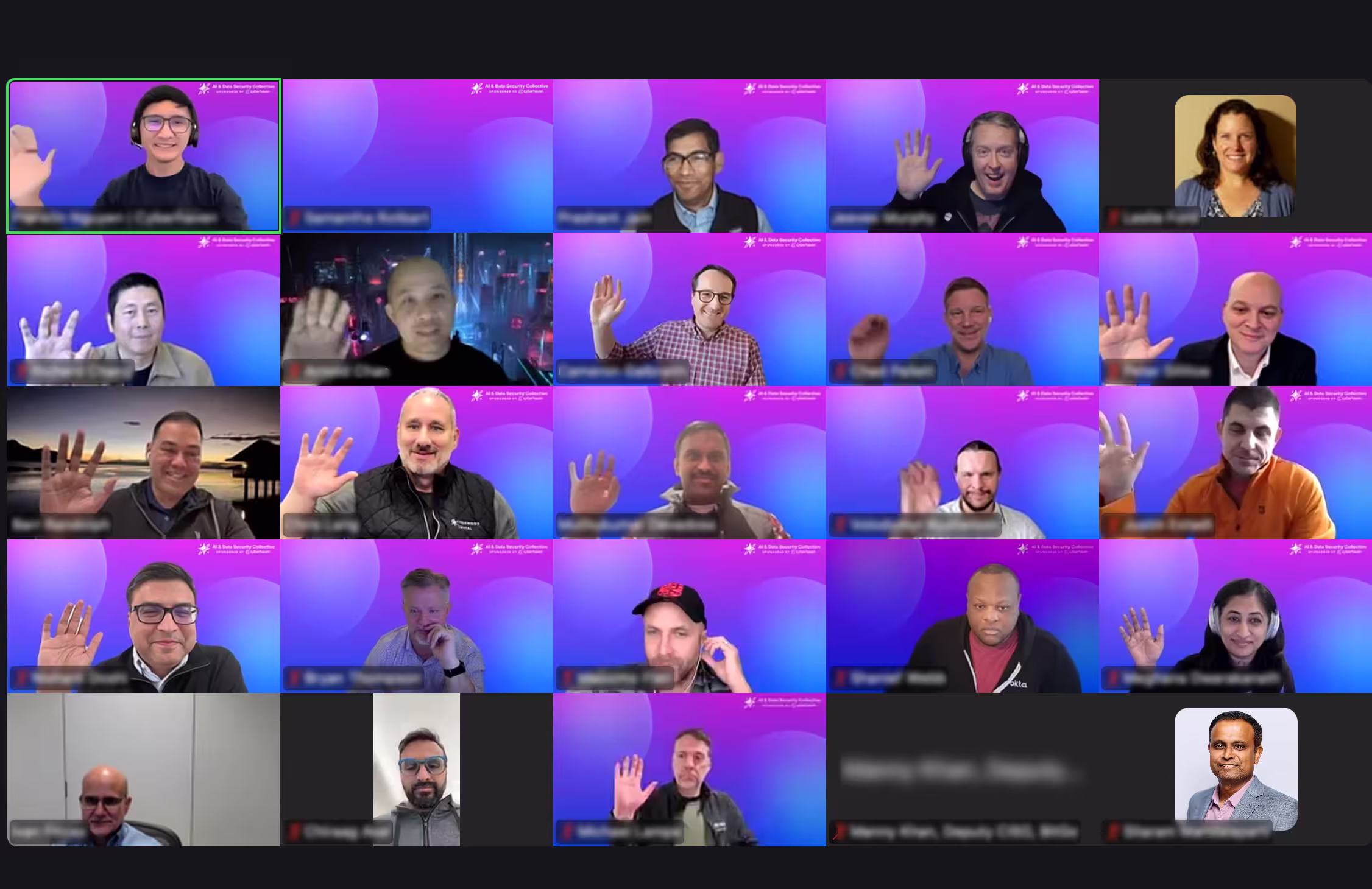 Zoom screenshot of 23 participants, most against a purple AI and Data Security Collective background, several waving at the camera.
