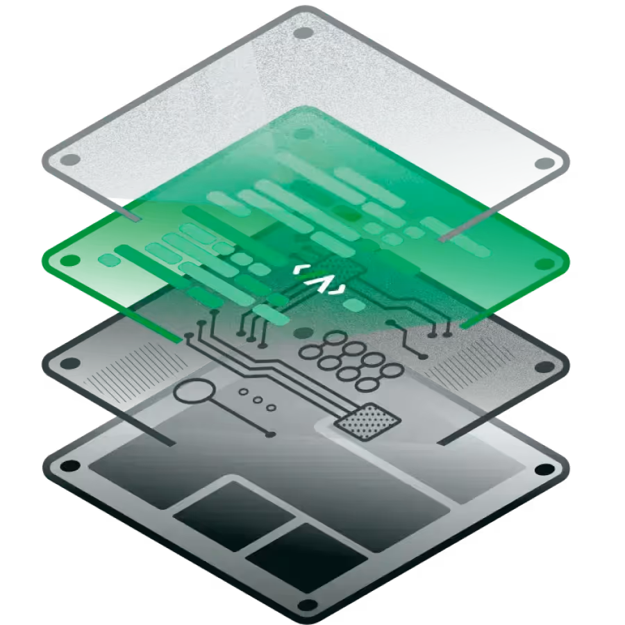 Exploded view illustration of a multilayer electronic circuit board with components and a green circuit layer.