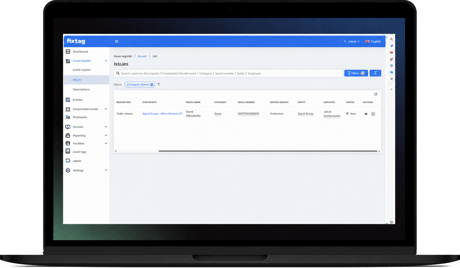 Fixtag service management dashboard displayed on a laptop