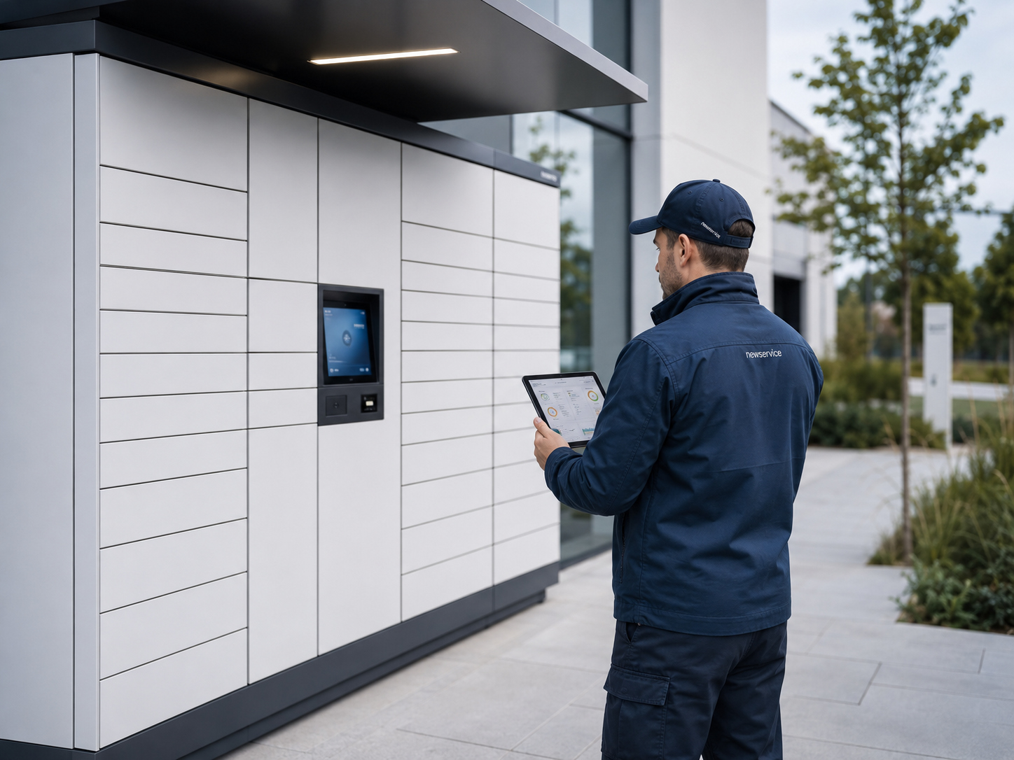 Technik newservice podczas obsługi automatu paczkowego
