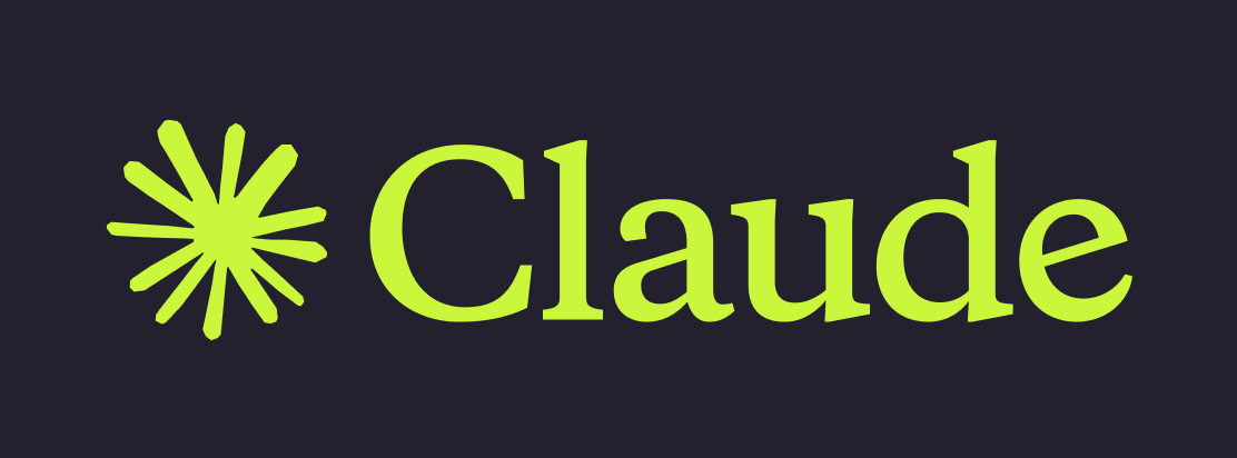 Claude brand name with a starburst-style symbol to the left in bright green against a dark background.