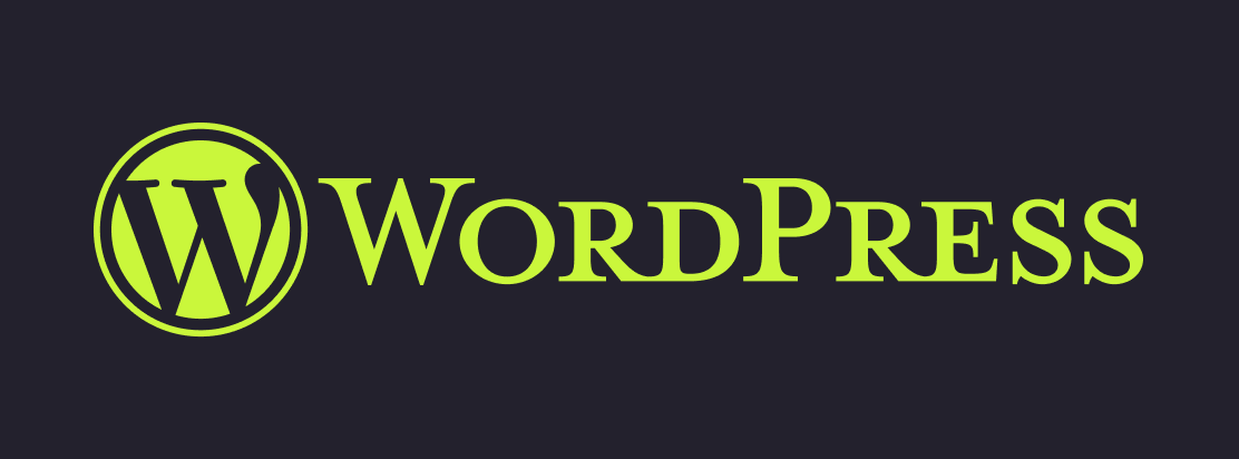 WordPress logo with stylized letter W inside a circle and the word 'WordPress' in lime green on a dark background.